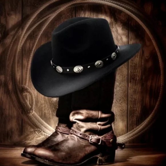 NEW Black Silver Concho Leather Band Embellished Felt Cowboy Cowgirl Wes main image 5